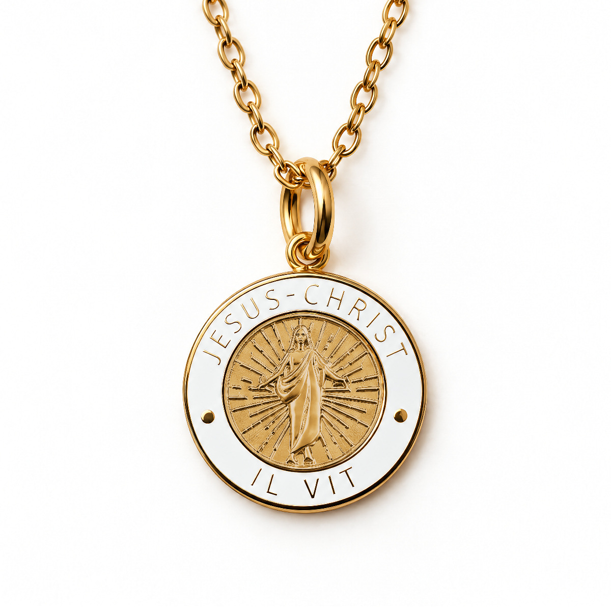 Gold Jesus Christ He Lives language necklace in French with white enamel pendant