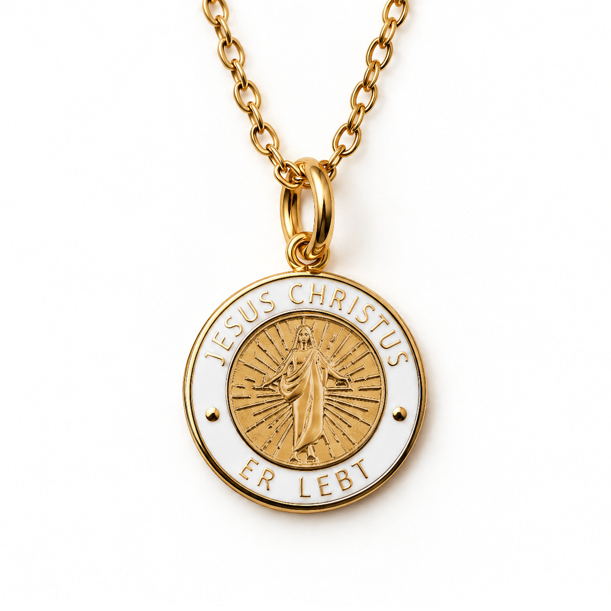 Gold Jesus Christ He Lives language necklace in German with white enamel pendant