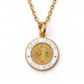 Gold Jesus Christ He Lives language necklace in Italian with white enamel pendant