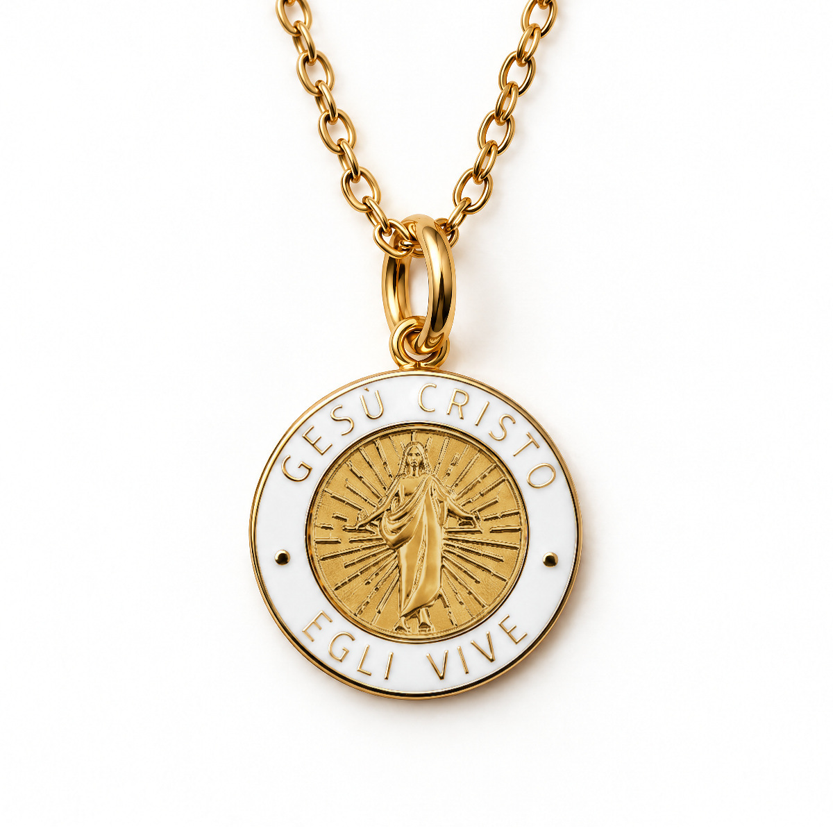 Gold Jesus Christ He Lives language necklace in Italian with white enamel pendant