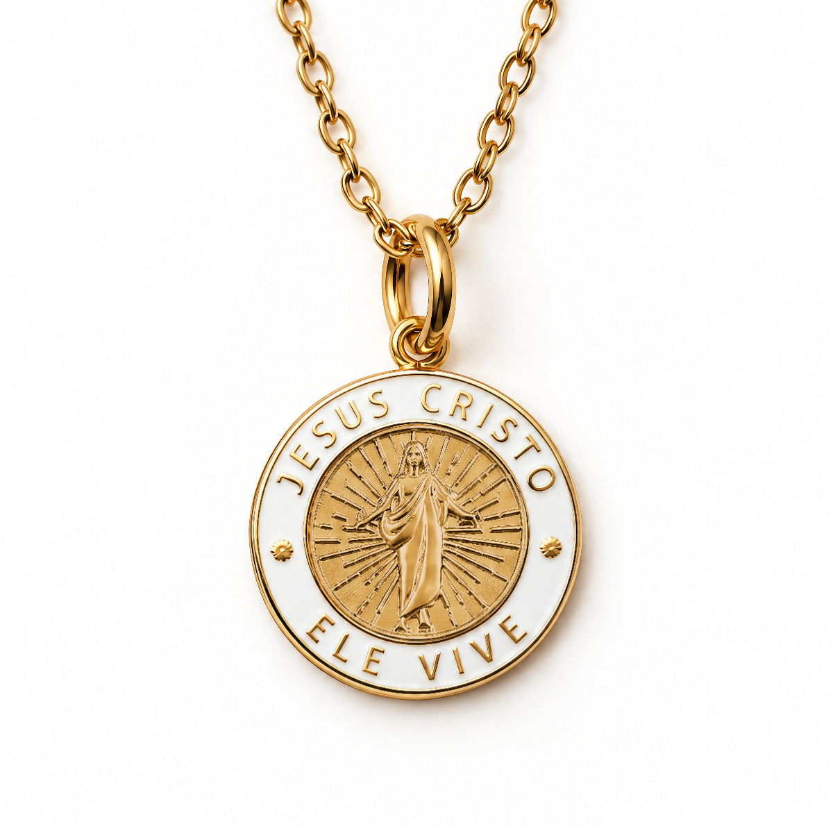Gold Jesus Christ He Lives language necklace in Portuguese with white enamel pendant