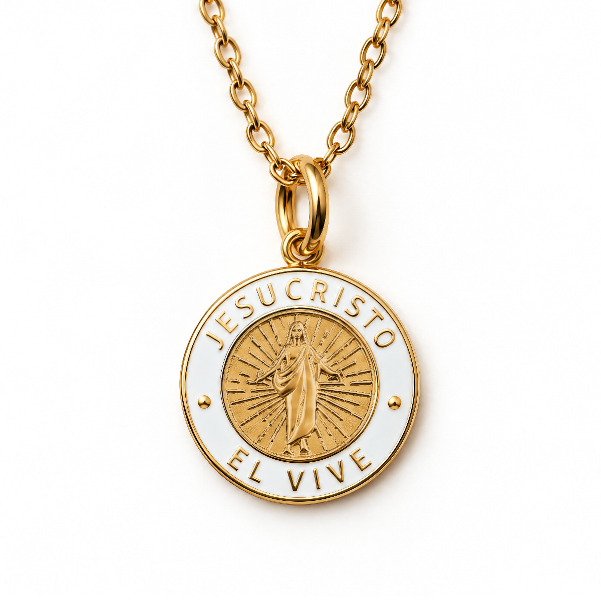 Gold Jesus Christ He Lives language necklace in Spanish with white enamel pendant