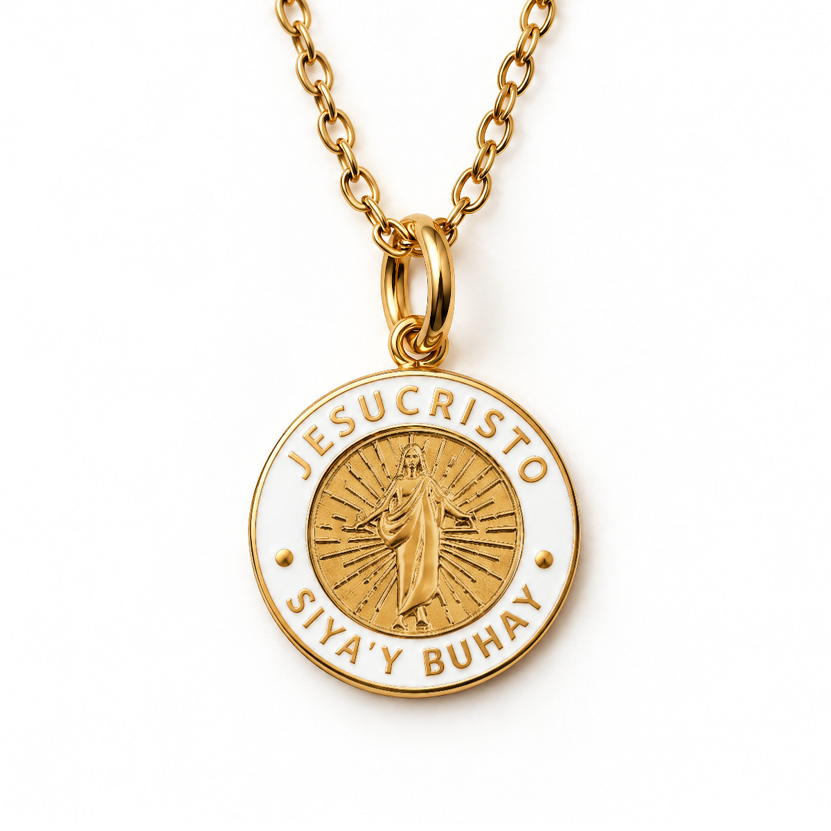Gold Jesus Christ He Lives language necklace in Tagalog with white enamel pendant