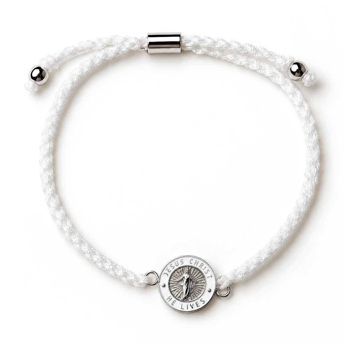 White cord He Lives bracelet with 11mm silver pendant