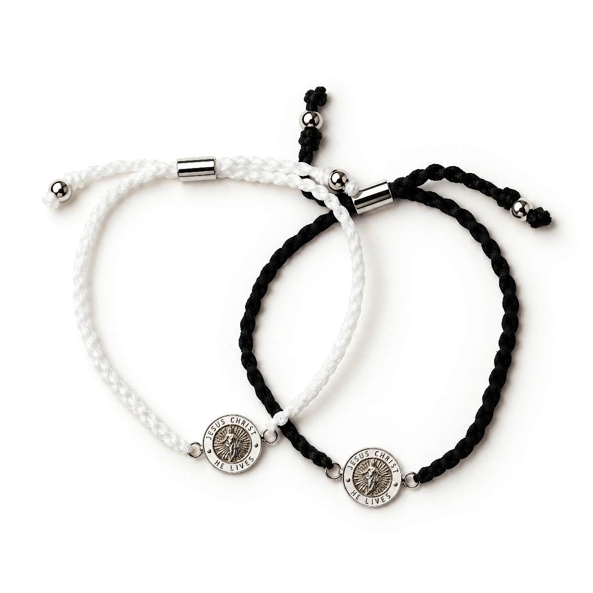 Black and white cord He Lives bracelets with 11mm pendants