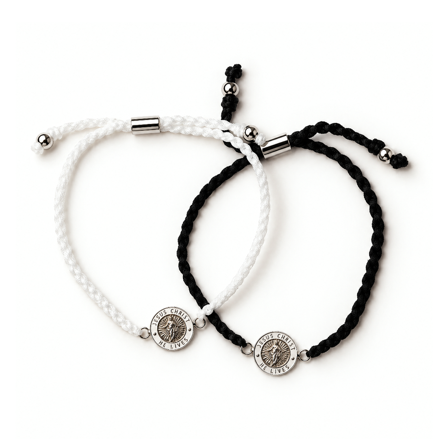 Black and white cord He Lives bracelets with 11mm pendants