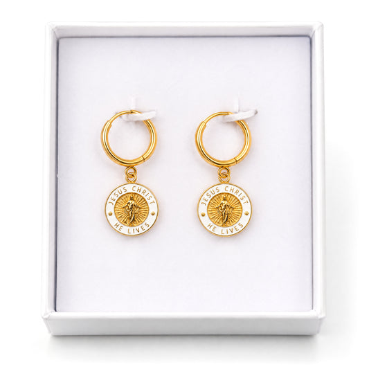 Gold and white He Lives earrings in gift box