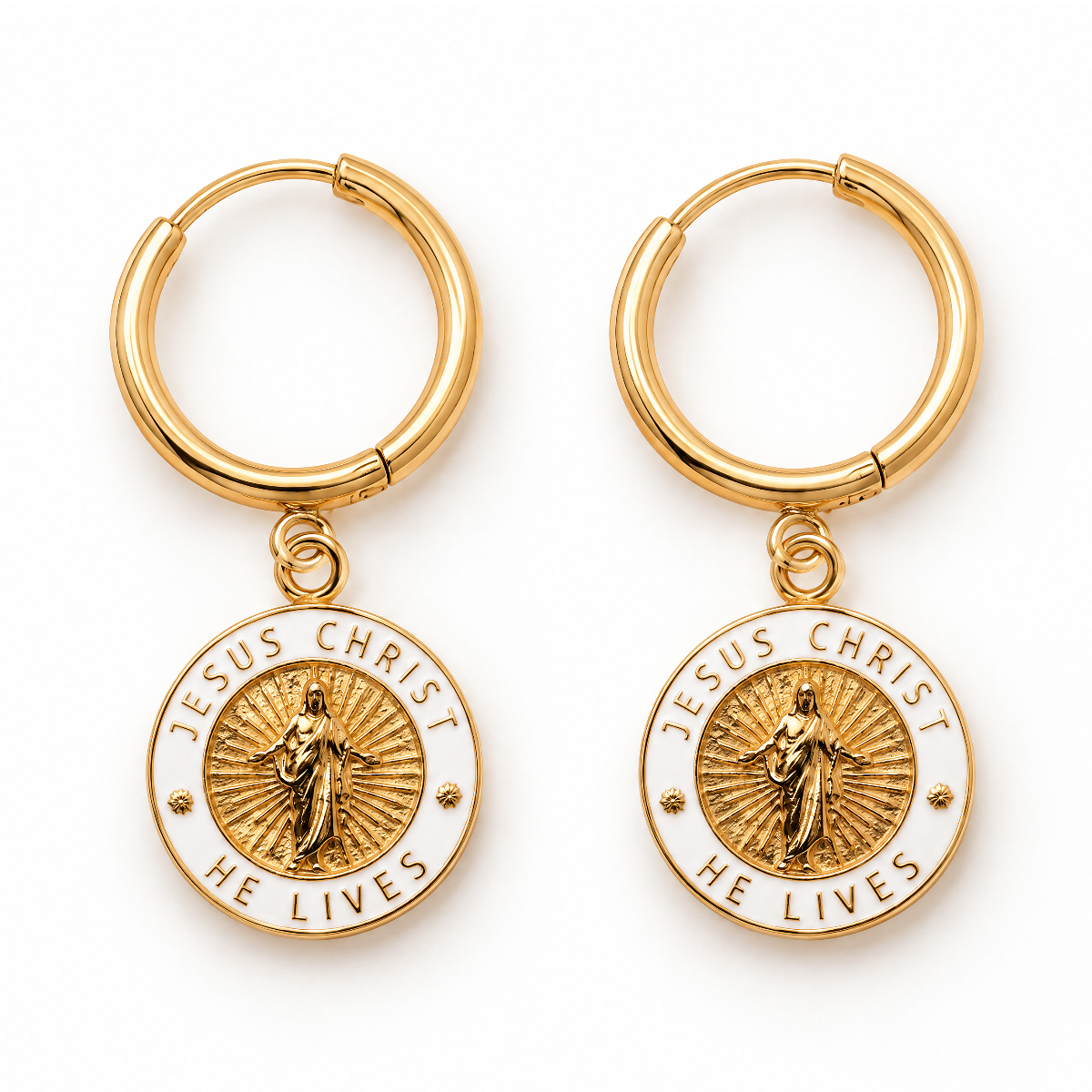 Gold and white Jesus Christ He Lives hoop earrings