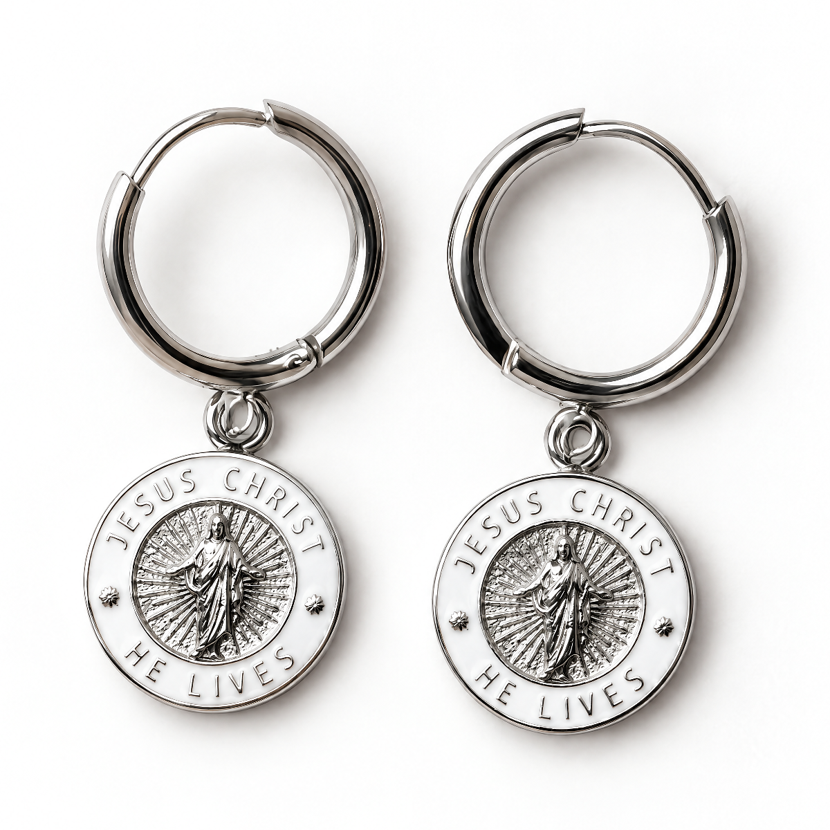 Silver and white He Lives hoop earrings
