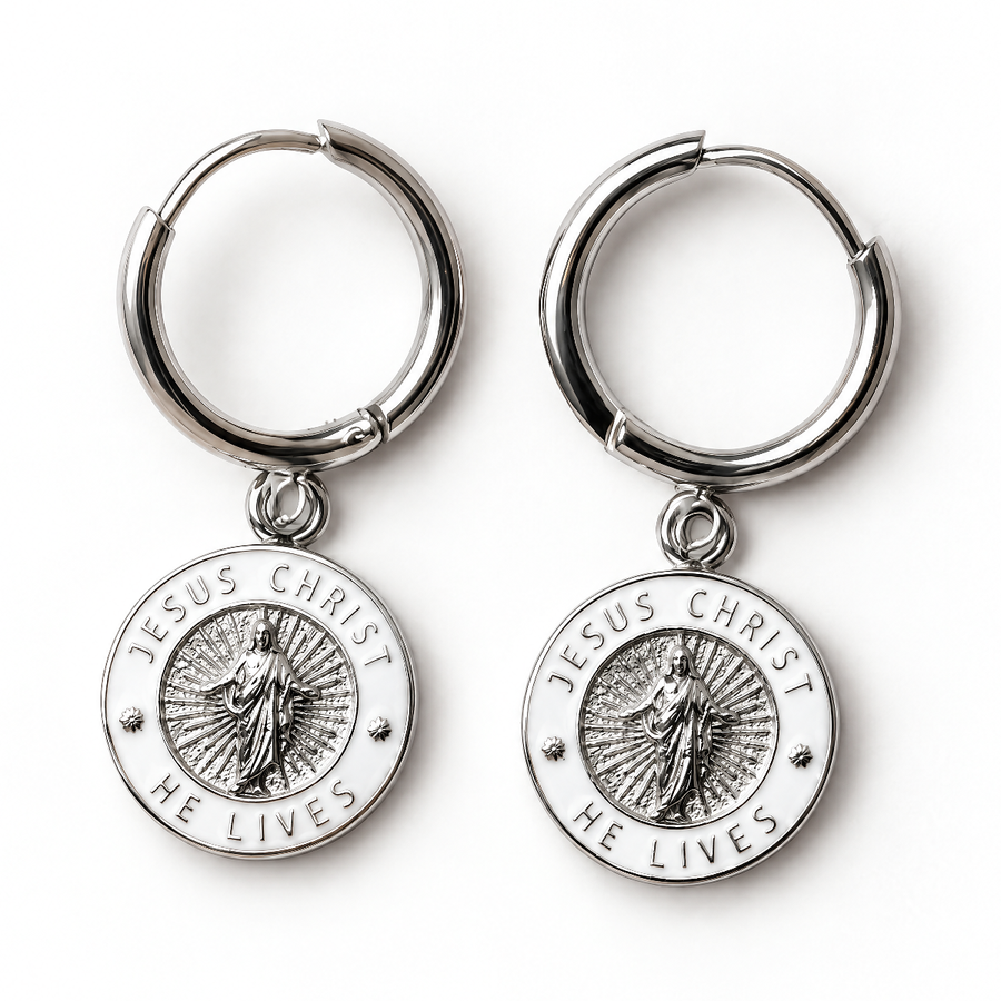 Silver and white He Lives hoop earrings