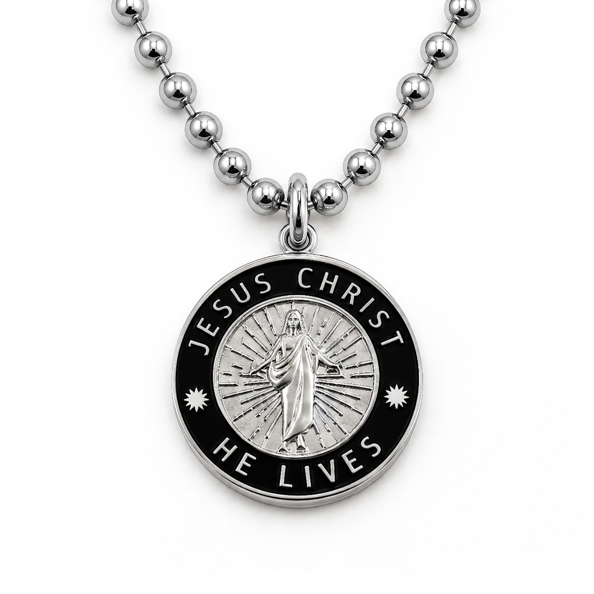 Jesus Christ He Lives medium pendant necklace, silver and black, ball chain