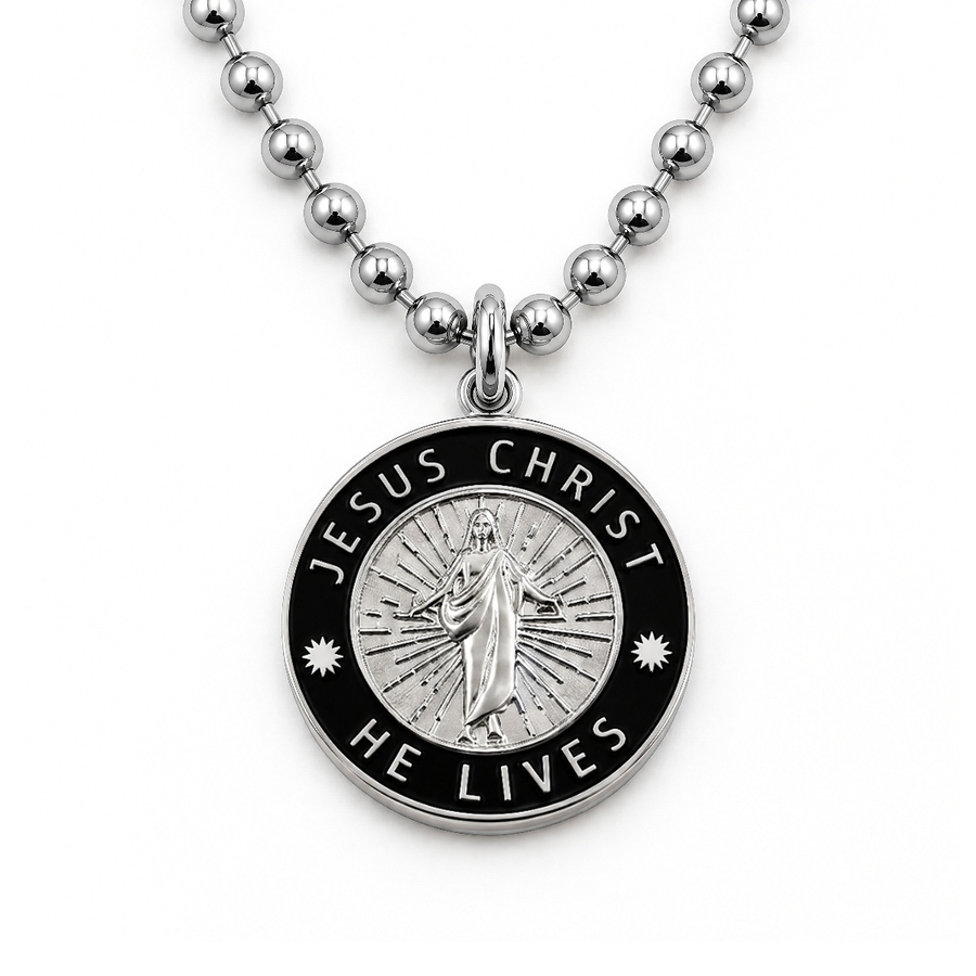 Jesus Christ He Lives medium pendant necklace, silver and black, ball chain