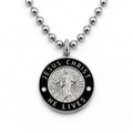 Jesus Christ He Lives medium pendant necklace, silver and black, ball chain