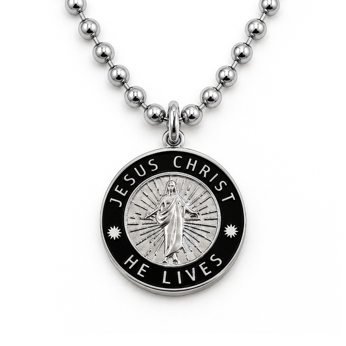 Jesus Christ He Lives medium pendant necklace, silver and black, ball chain