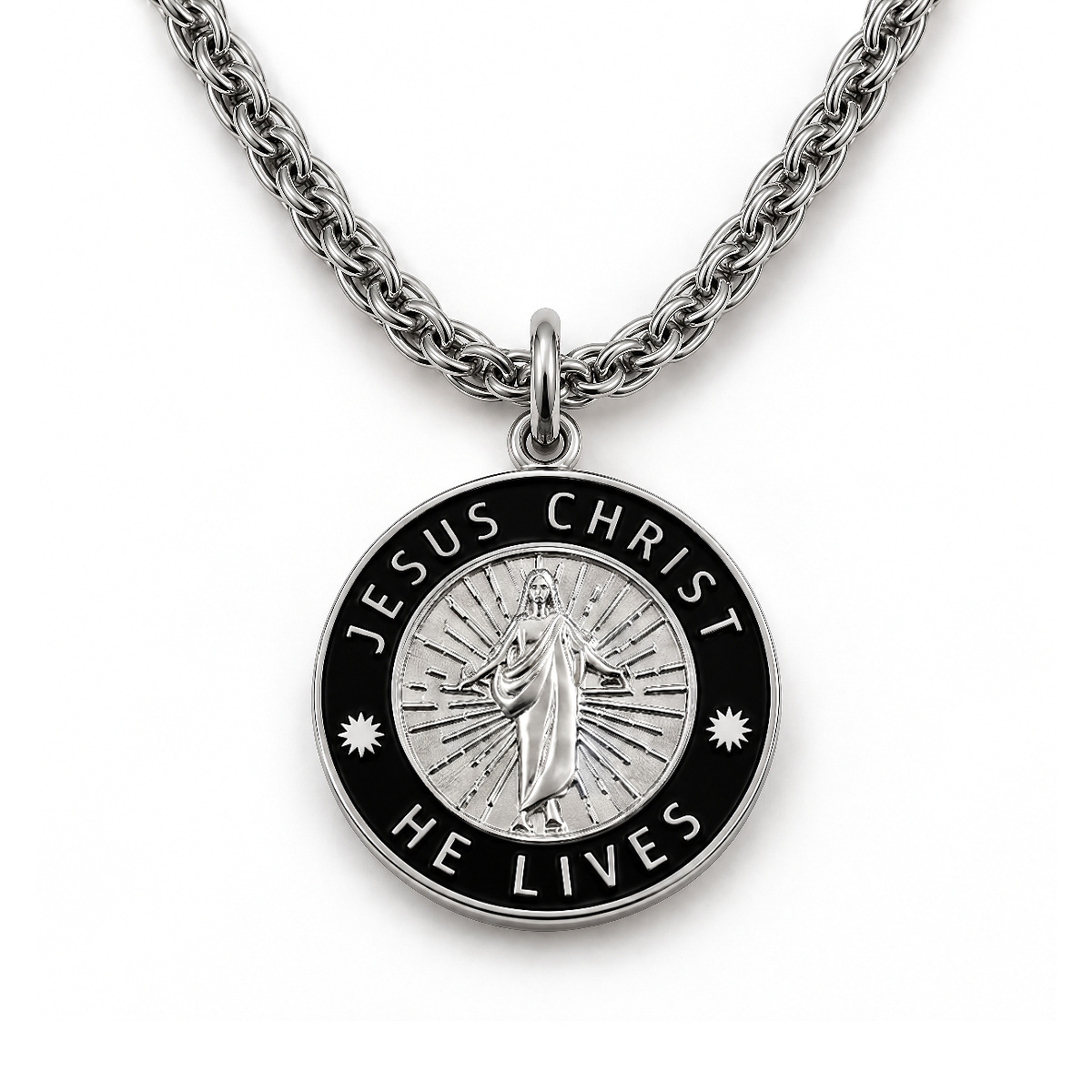 Jesus Christ He Lives medium pendant necklace, silver and black, premium chain