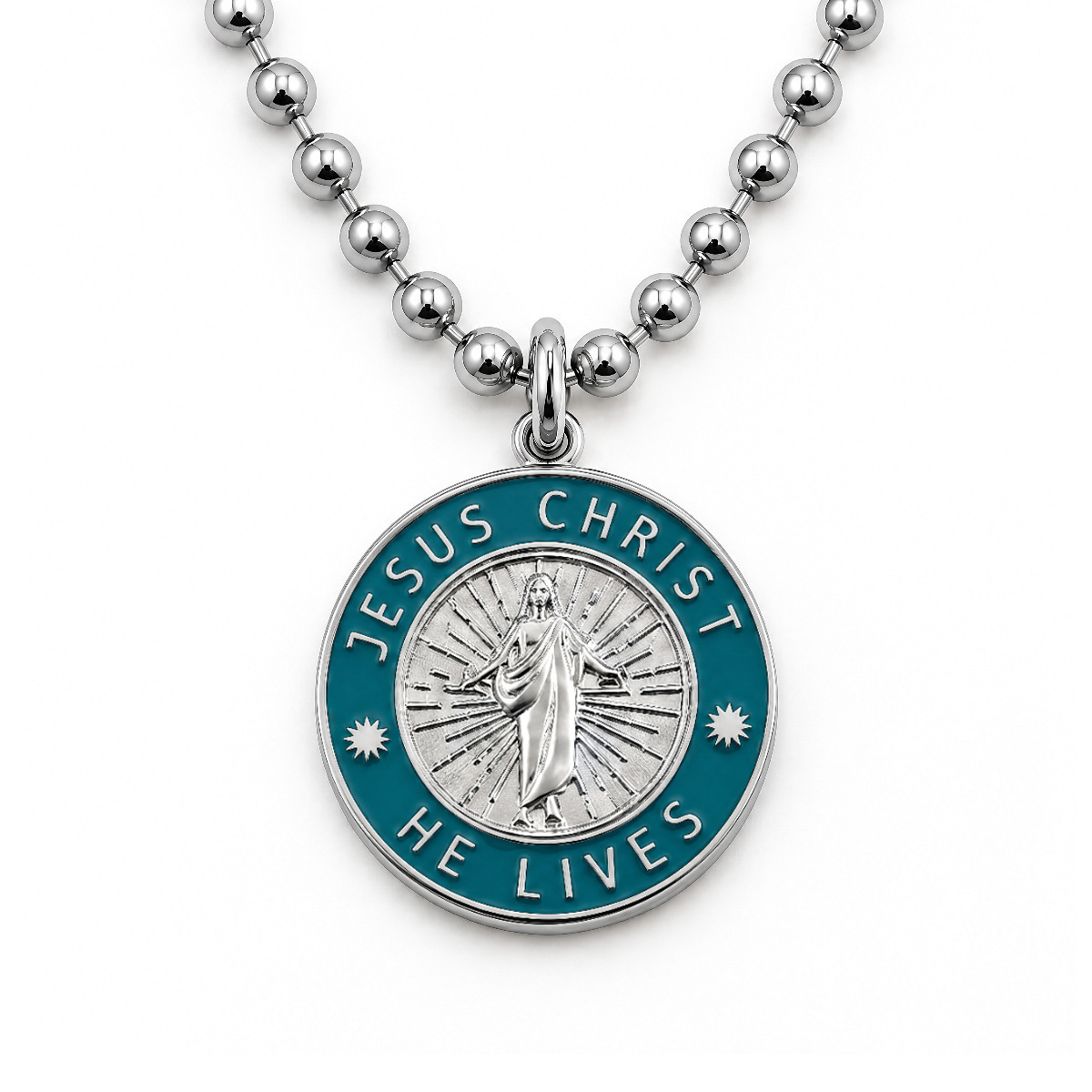 Jesus Christ He Lives medium pendant necklace, silver and green, ball chain