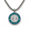 Jesus Christ He Lives medium pendant necklace, silver and green, premium chain