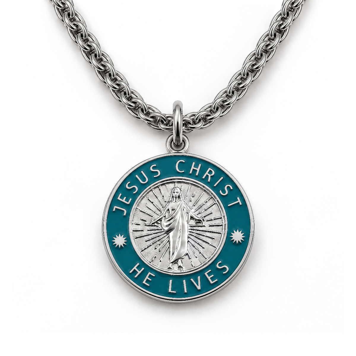 Jesus Christ He Lives medium pendant necklace, silver and green, premium chain