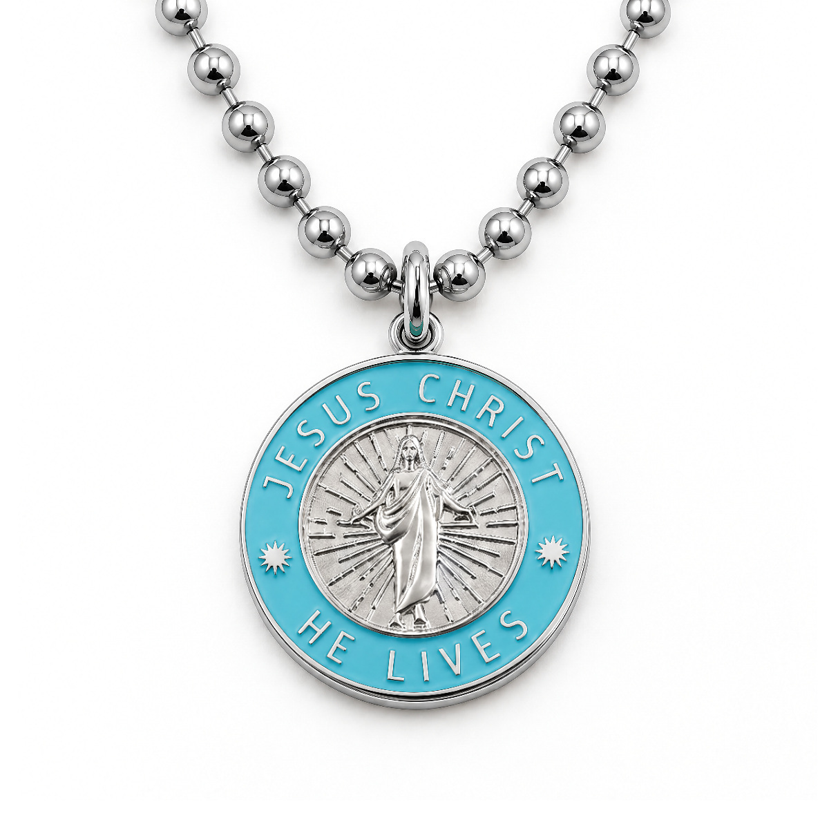Jesus Christ He Lives medium pendant necklace, silver and sky blue, ball chain