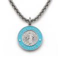 Jesus Christ He Lives medium pendant necklace, silver and sky blue, premium chain