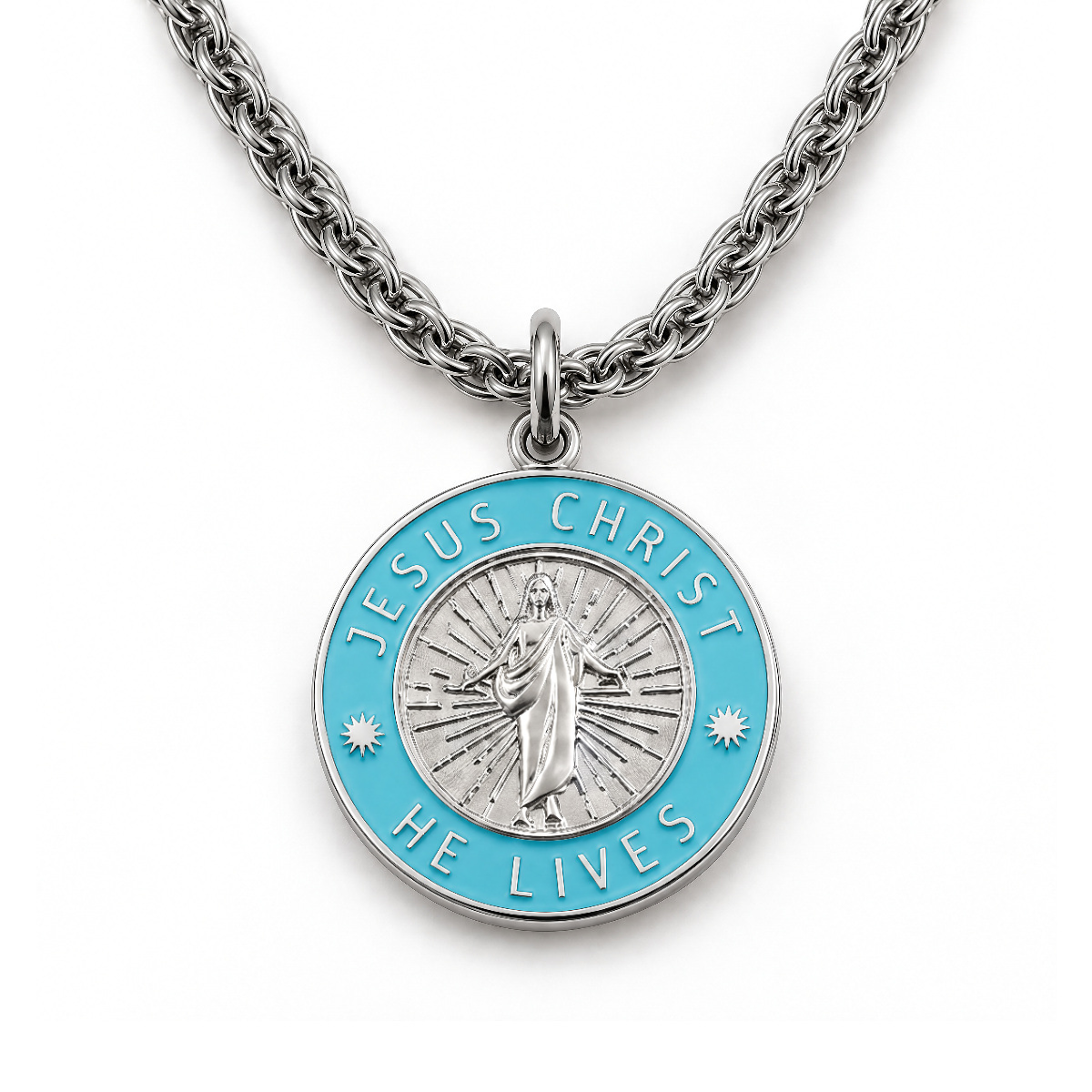 Jesus Christ He Lives medium pendant necklace, silver and sky blue, premium chain