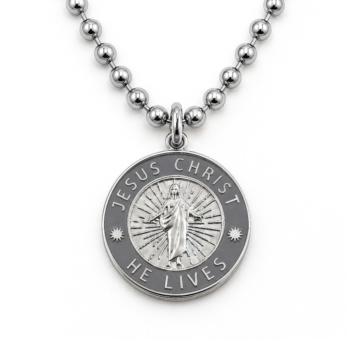 Jesus Christ He Lives medium pendant necklace, silver and space grey, ball chain