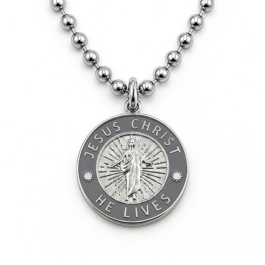 Jesus Christ He Lives medium pendant necklace, silver and space grey, ball chain