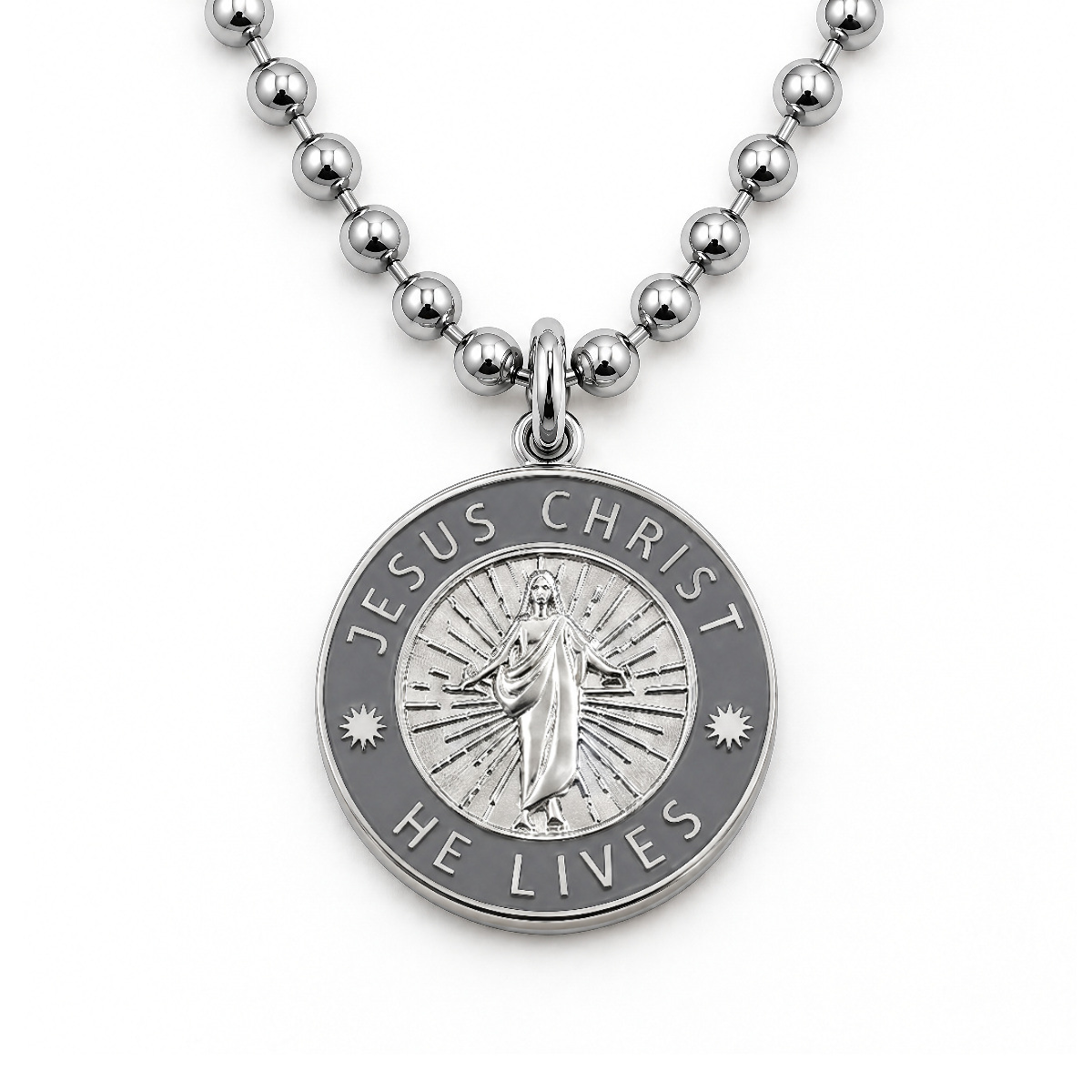 Jesus Christ He Lives medium pendant necklace, silver and space grey, ball chain