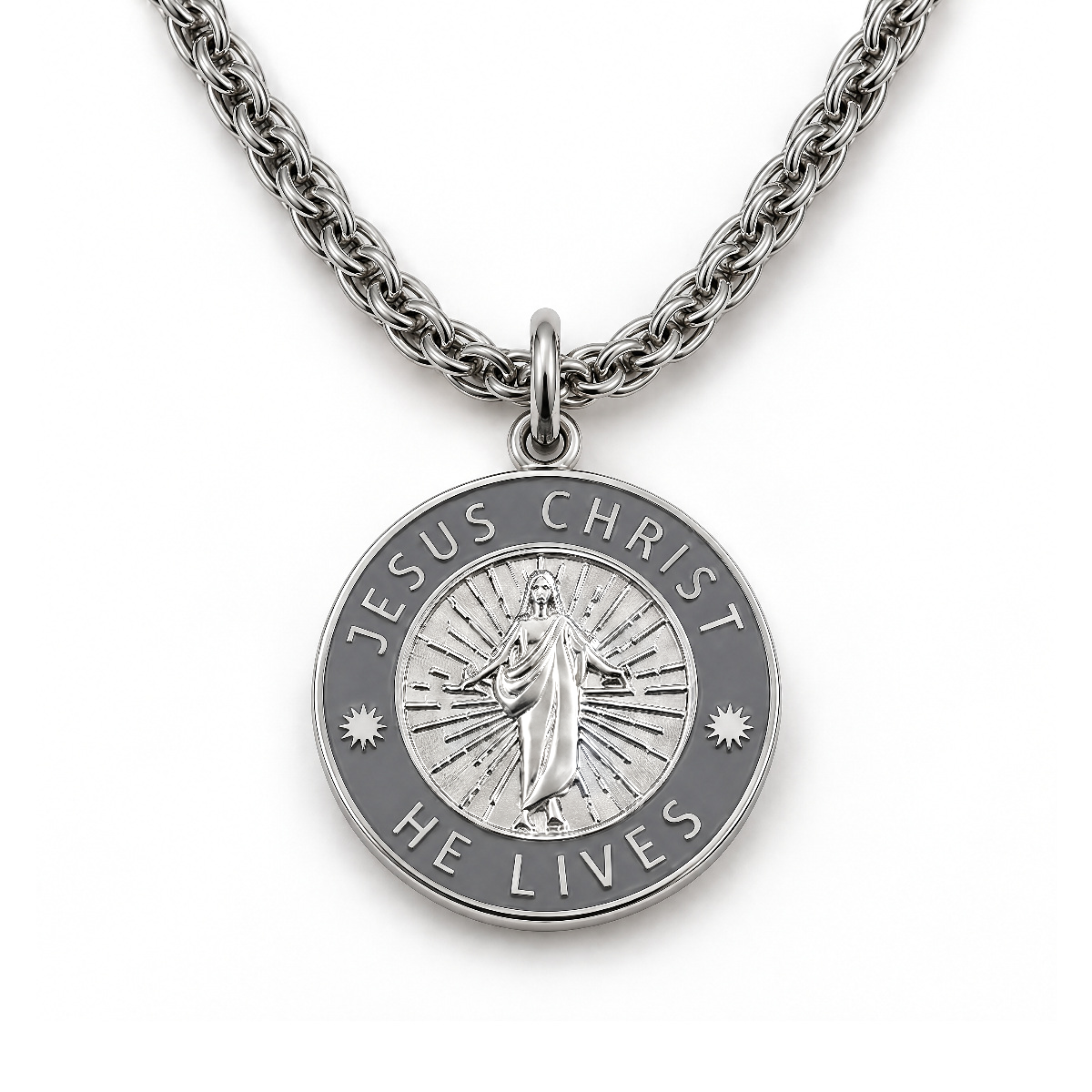 Jesus Christ He Lives medium pendant necklace, silver and space grey, premium chain