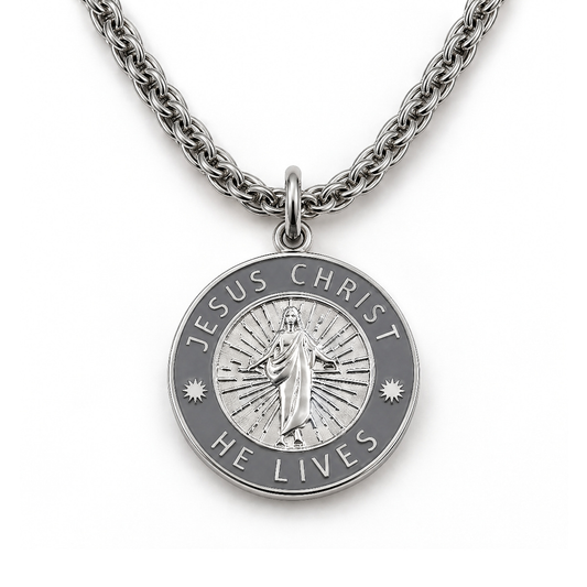 Jesus Christ He Lives medium pendant necklace, silver and space grey, premium chain