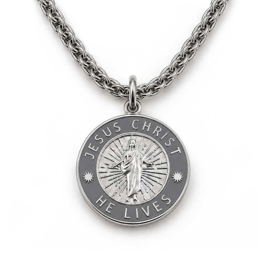 Jesus Christ He Lives medium pendant necklace, silver and space grey, premium chain