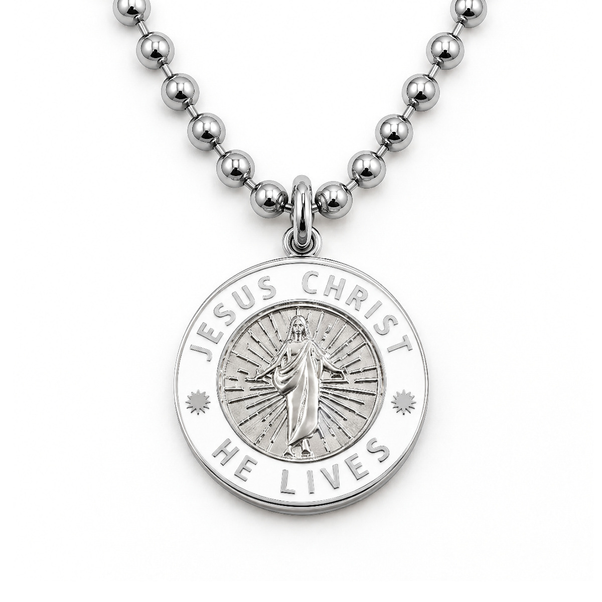 Jesus Christ He Lives medium pendant necklace, silver and white, ball chain