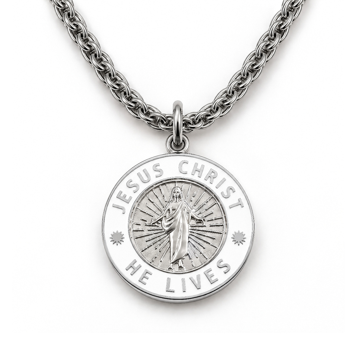 Jesus Christ He Lives medium pendant necklace, silver and white, premium chain