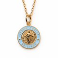 Jesus Christ He Lives small pendant necklace, gold and light blue