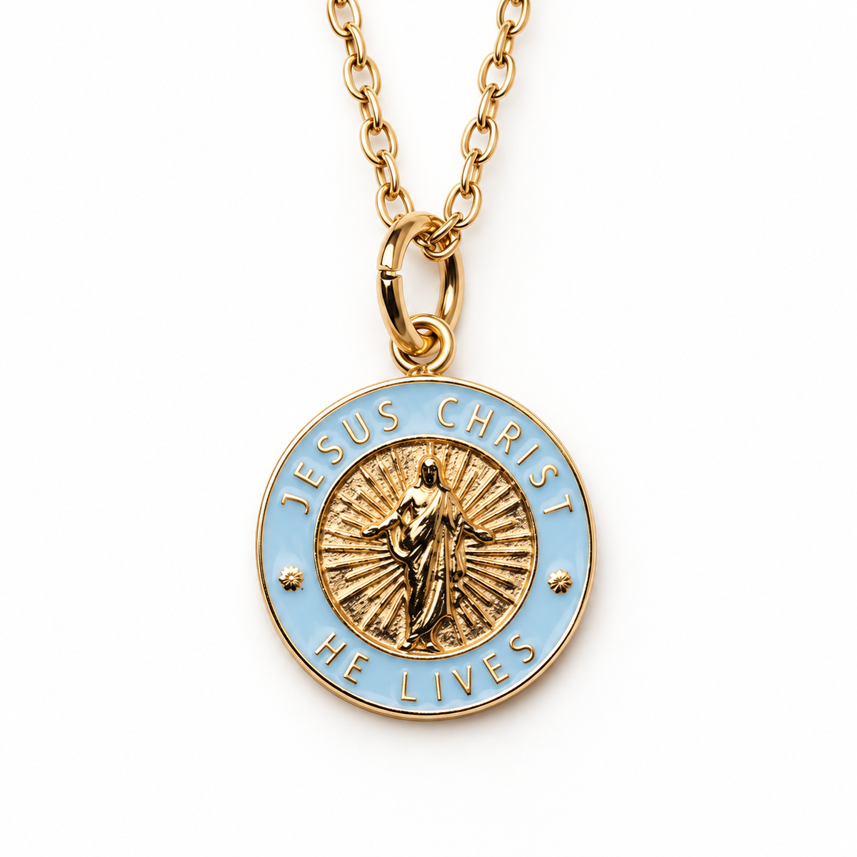 Jesus Christ He Lives small pendant necklace, gold and light blue