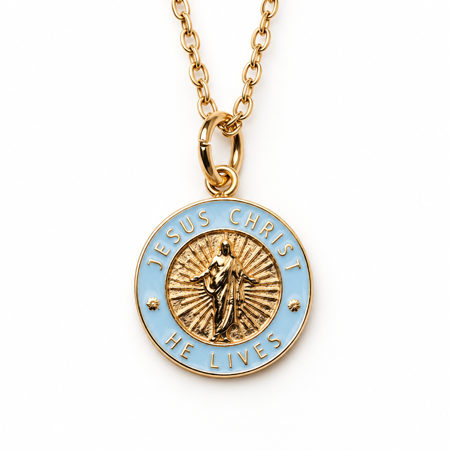 Jesus Christ He Lives small pendant necklace, gold and light blue