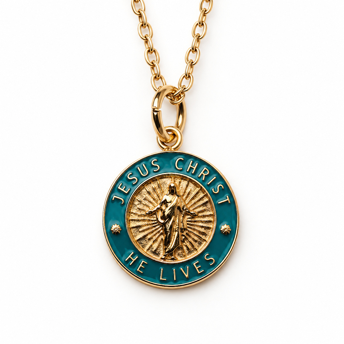 Jesus Christ He Lives small pendant necklace, gold and teal