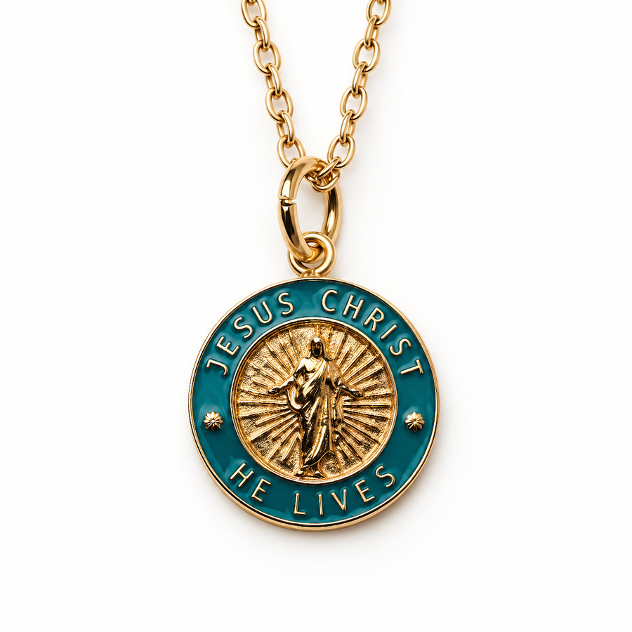 Jesus Christ He Lives small pendant necklace, gold and teal