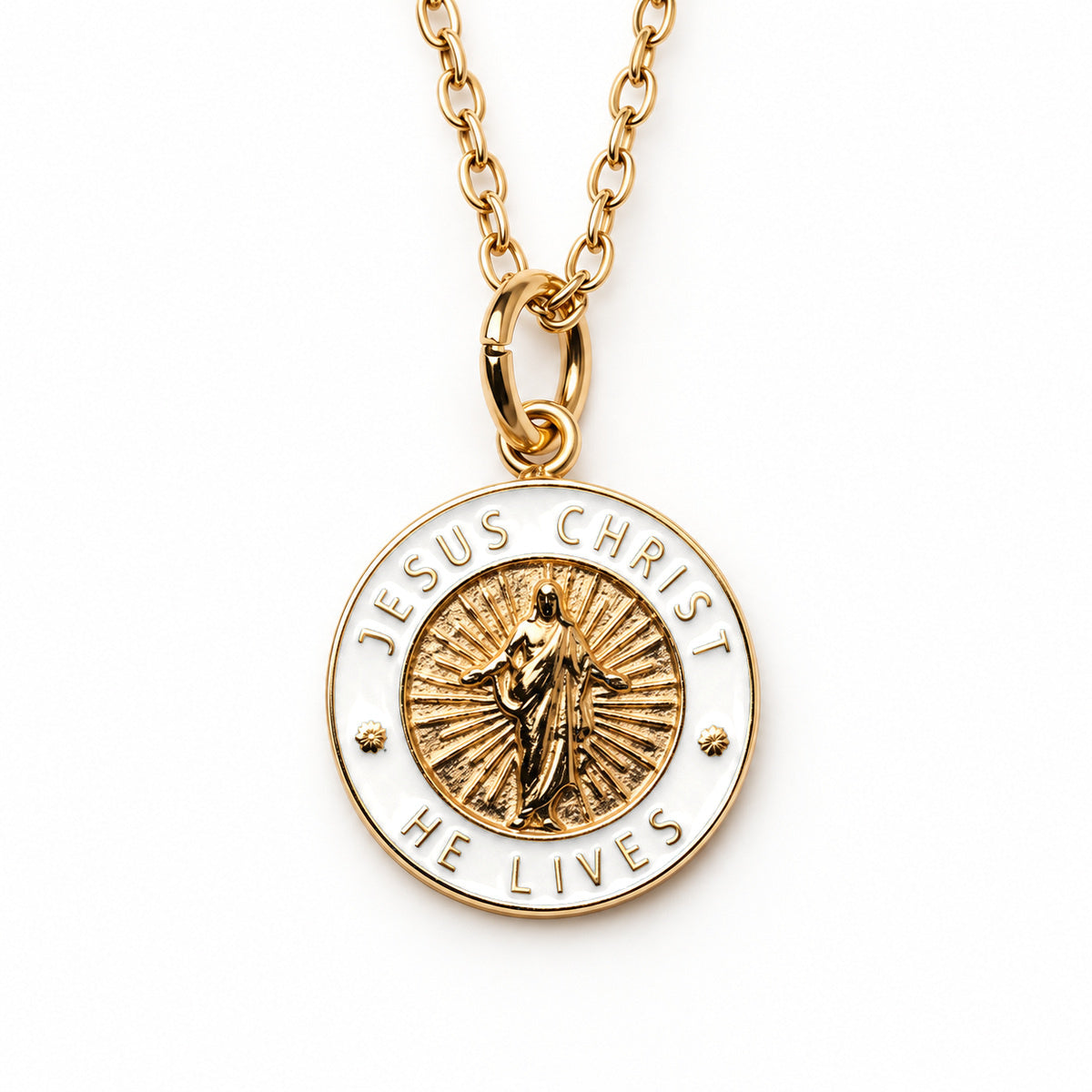 Jesus Christ He Lives small pendant necklace, gold and white