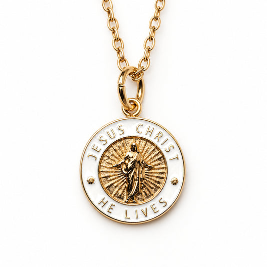 Jesus Christ He Lives small pendant necklace, gold and white