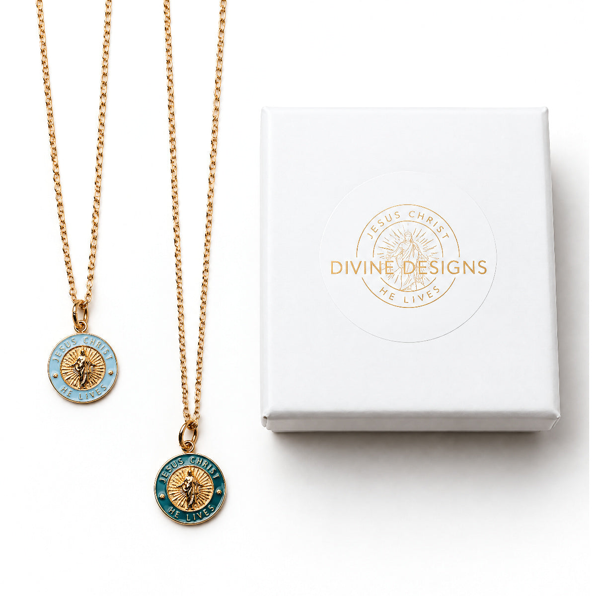Light blue and teal He Lives small pendant necklaces with gift box