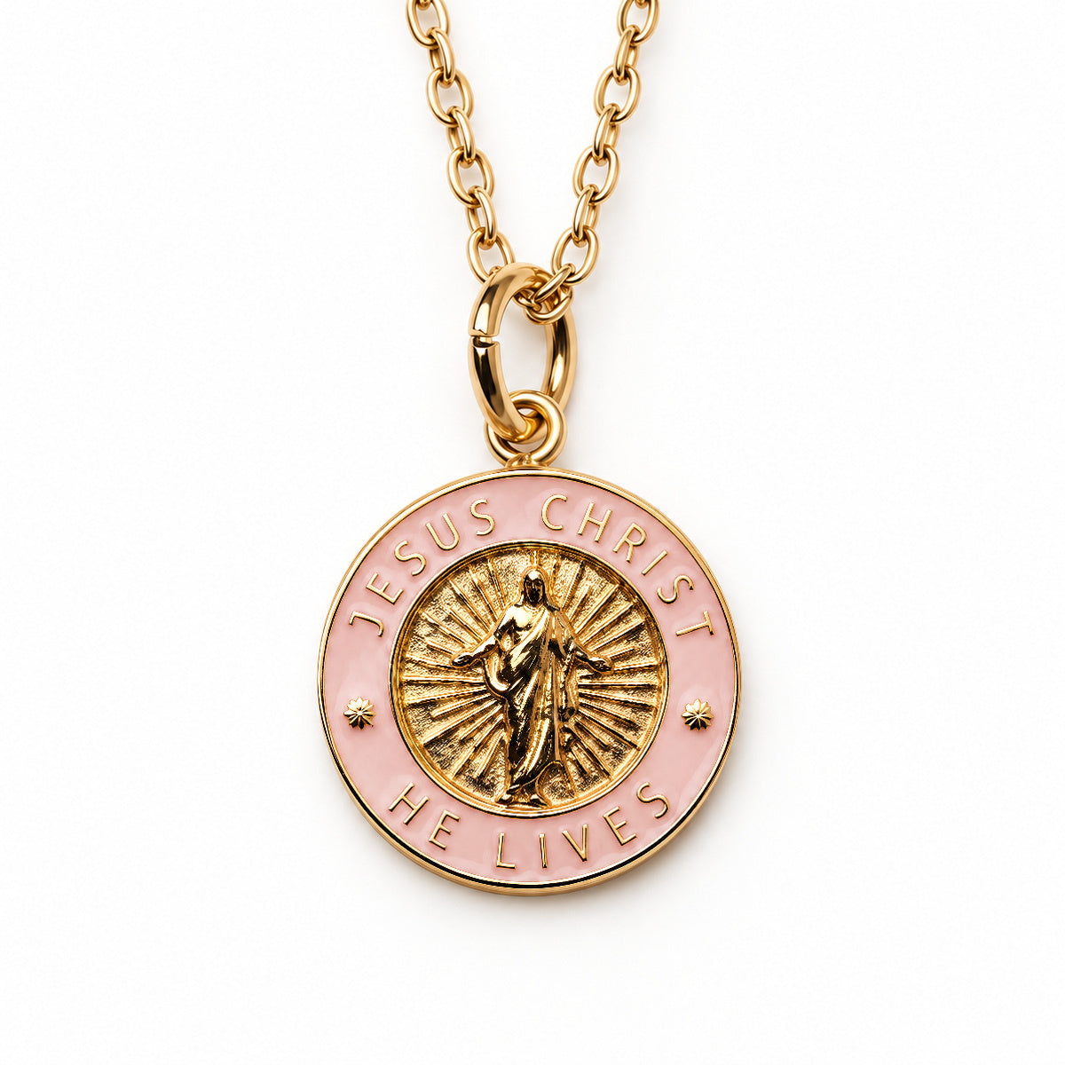 Jesus Christ He Lives small pendant necklace, pink and gold