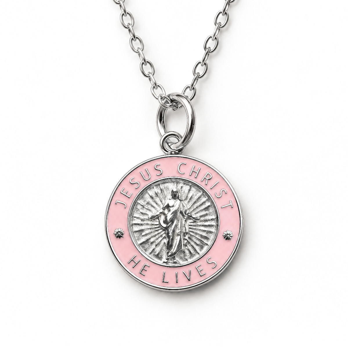 Jesus Christ He Lives small pendant necklace, silver and pink