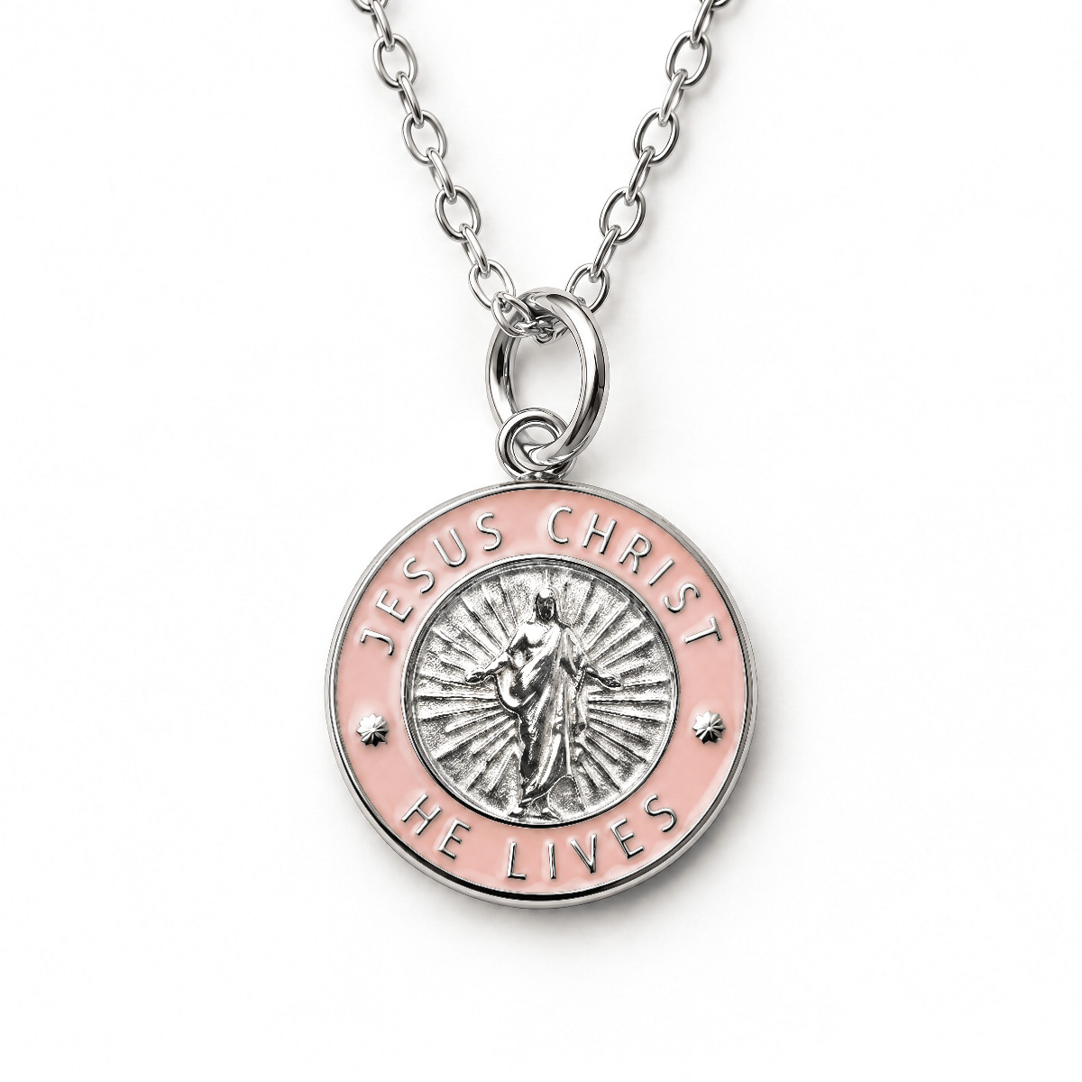 Jesus Christ He Lives small pendant necklace, silver and pink