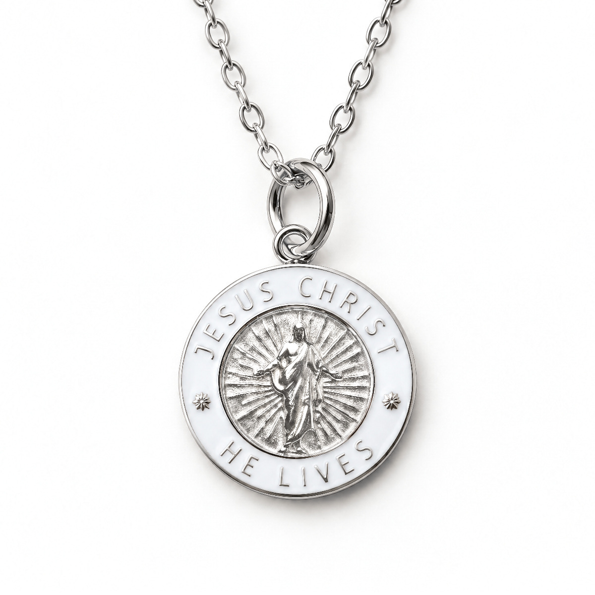 Jesus Christ He Lives small pendant necklace, silver and white