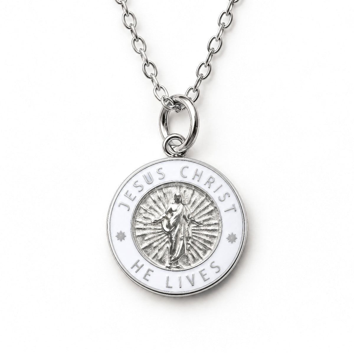 Jesus Christ He Lives small pendant necklace, silver and white