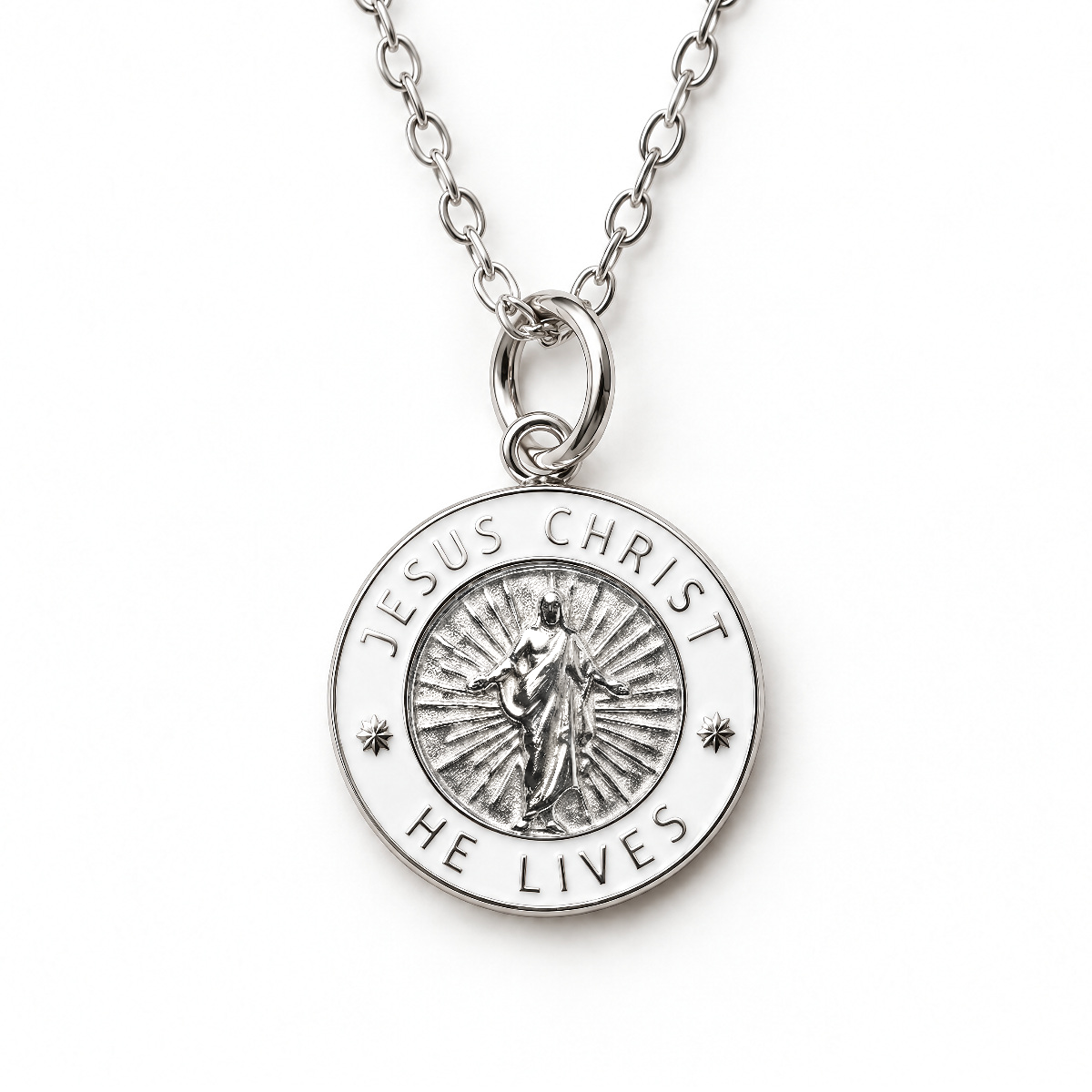 Jesus Christ He Lives small pendant necklace, silver and white