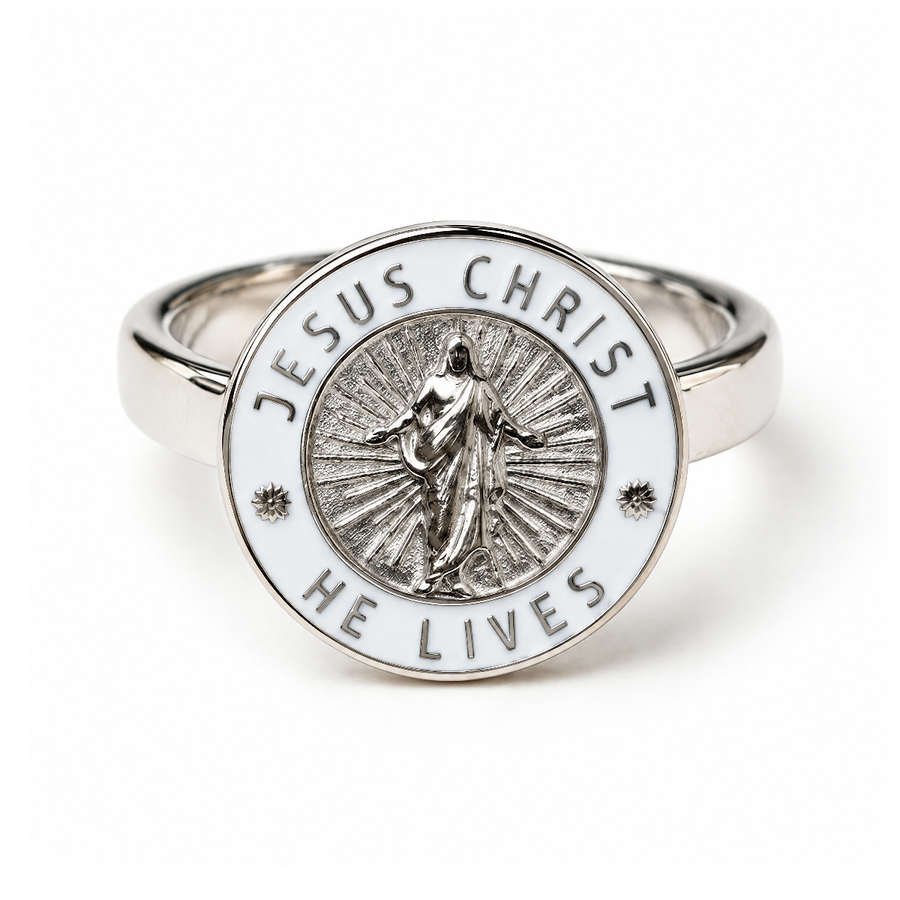 Silver and white Jesus Christ He Lives signet ring