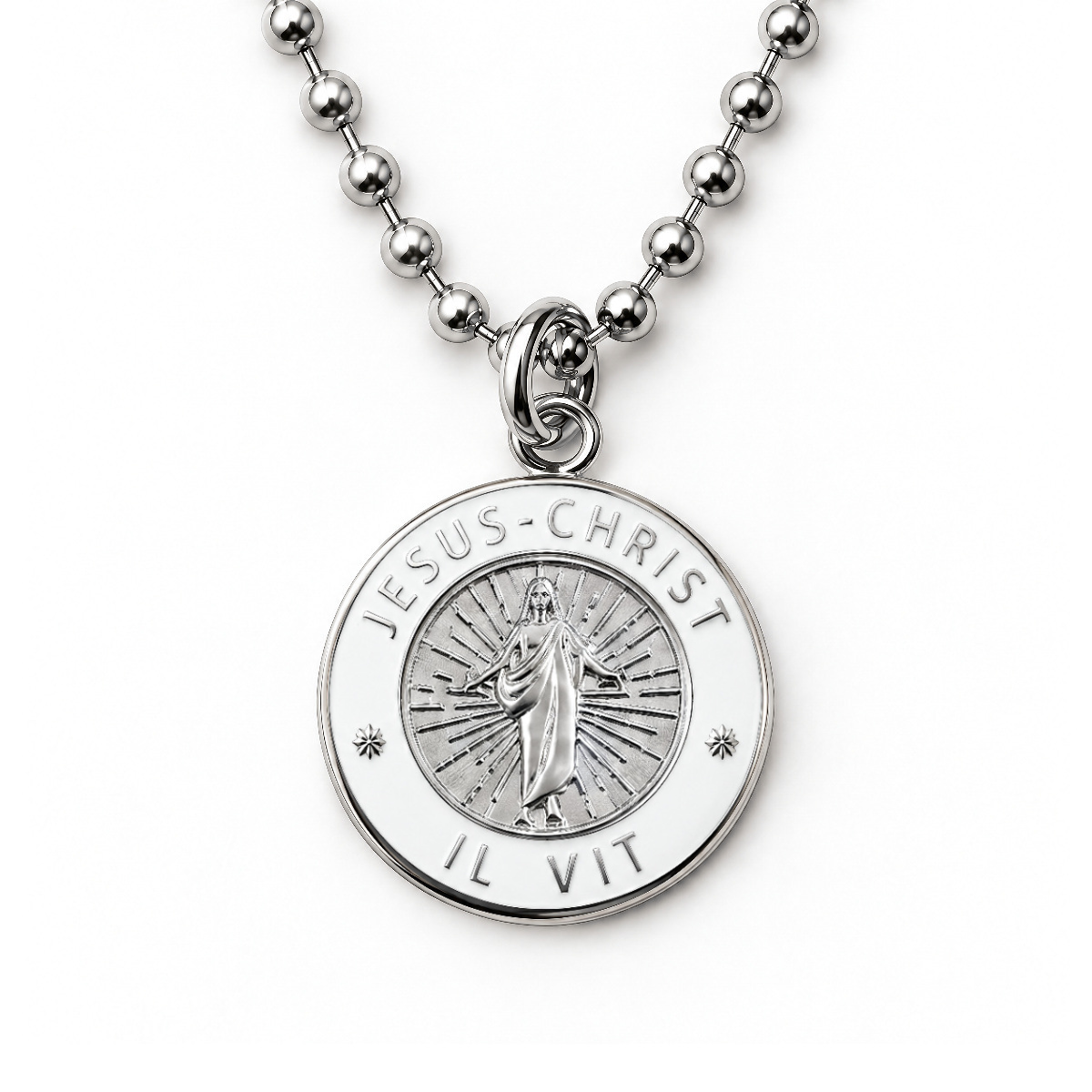 Silver Jesus Christ He Lives language necklace in French on ball chain
