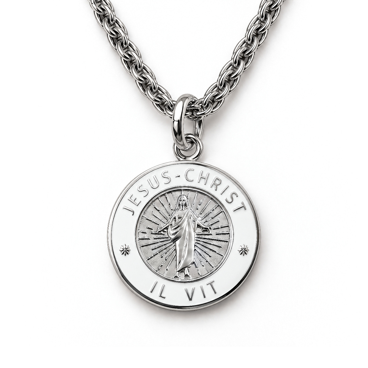 Silver Jesus Christ He Lives language necklace in French on premium chain